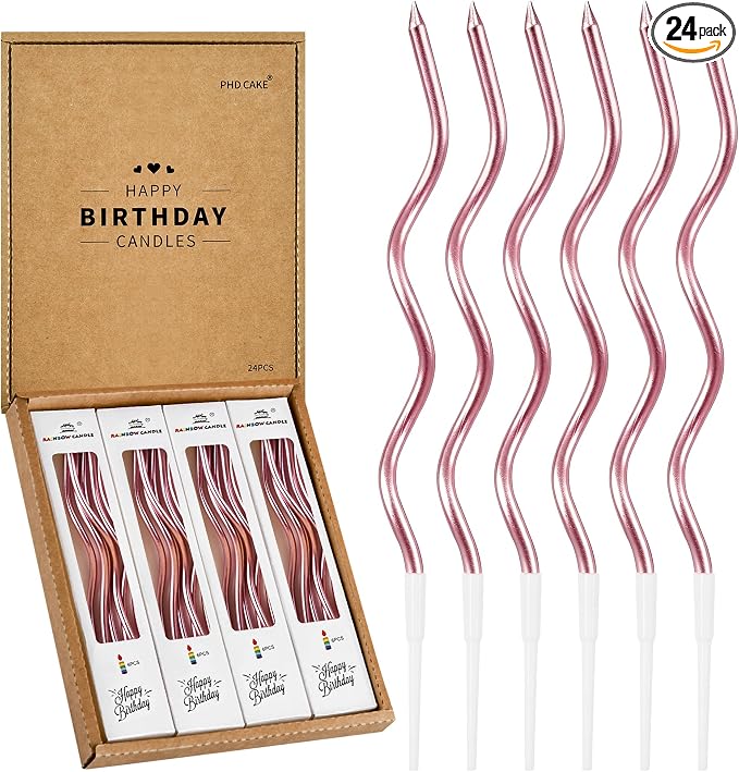 PHD CAKE 24-Count Rose Gold Spiral Long Thin Metallic Birthday Candles, Cake Candles, Birthday Parties, Wedding Decorations, Party Candles
