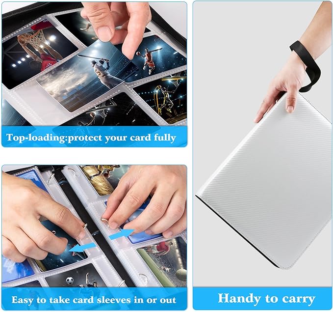WOT I Trading Card Binder, 900 Pockets Baseball Card Binder Sleeves with Zipper, Double Sided Pockets Card Holder Carry Card Case for Baseball Card, Football Card(Silvery White), WO-CB-9-10