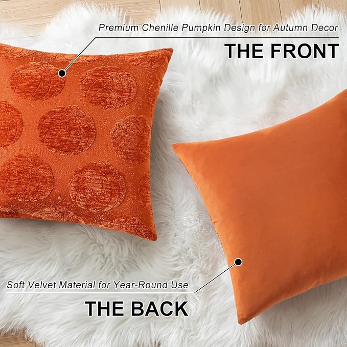 decorUhome Chenille Rust Pumpkin Soft Throw Pillow Covers 18x18 Set of 2 | Fall Decorative Jacquard Farmhouse Accent Modern Farmhouse Neutral Pillowcases for Bed Sofa Autumn Harvest Halloween Holiday