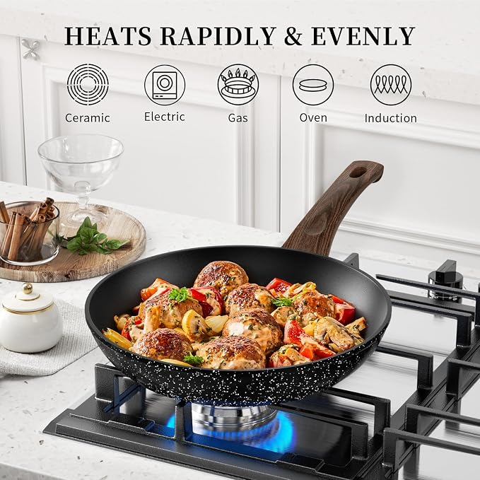 Innerwell 8-Inch Nonstick Frying Pan Small Egg Pan Skillet | Even Heating All Stove Compatible, PFOA PFOS Free, Granite Stone Cookware Skillet, Healthy and Non Toxic, Black