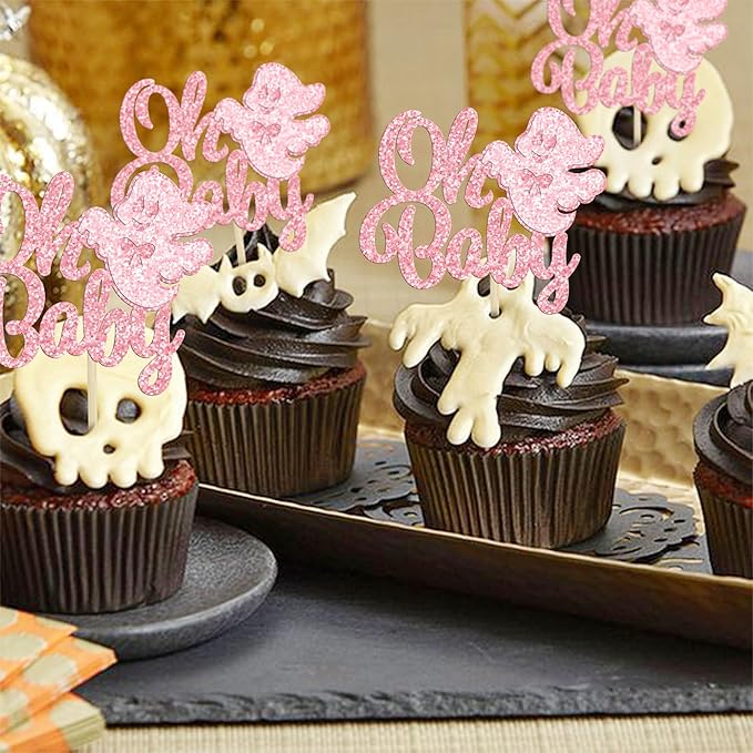 Gyufise 24Pcs Ghost Oh Baby Cupcake Toppers Pink Glitter Bow Spooky Cupcake Picks for Halloween Ghost Theme Baby Shower Kids Birthday Party Cake Decorations Party Supplies