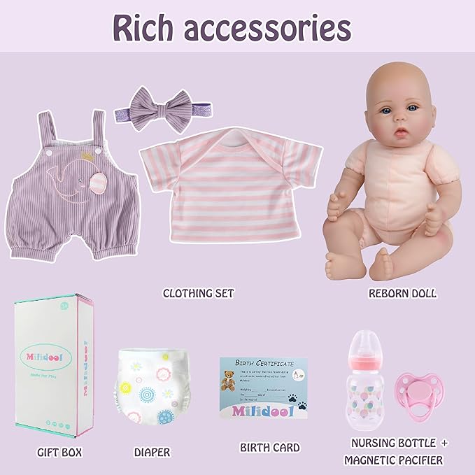 Milidool Lifelike Reborn Baby Dolls Girl-18 inch Realistic Newborn Baby Dolls, Soft Cloth Weighted Body with Feeding Toy, Gift for Kids Ages 3+