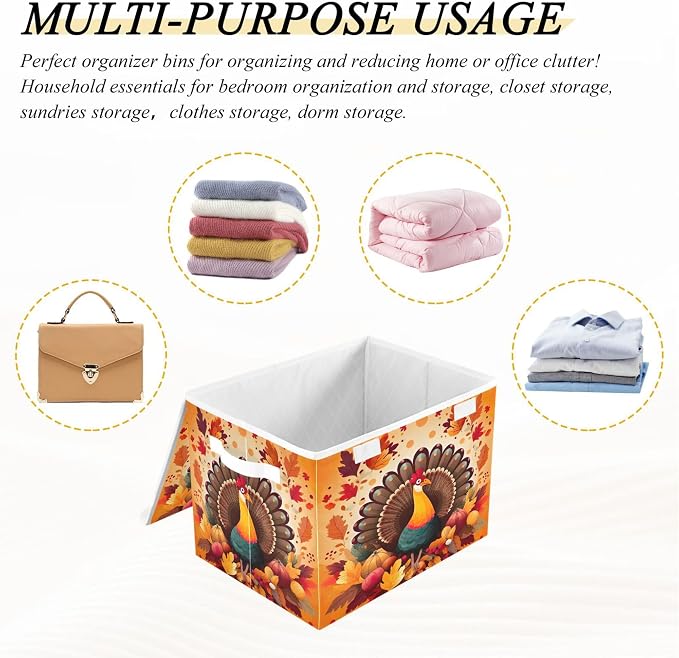 Thanksgiving Turkey Storage Bins with Lids and Carrying Handle,Foldable Storage Boxes Organizer Containers Baskets Cube with Cover for Home Bedroom Closet Office