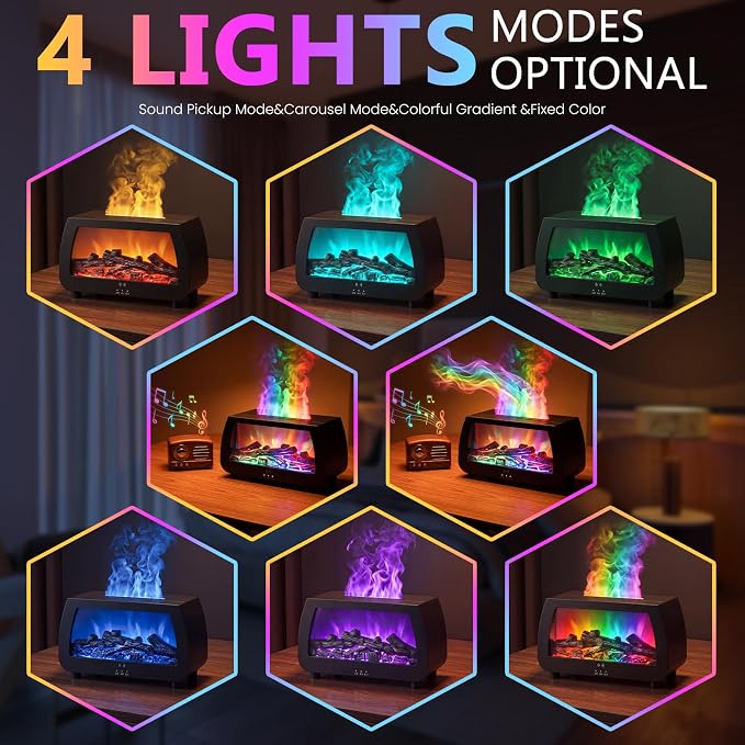 Flame Effect Humidifier, Fireplace Diffuser with Remote & Timer | 200ml quiet humidifier with RGB flame lights & sound pickup. Creates cozy fireplace ambiance for home, bedroom, and office.