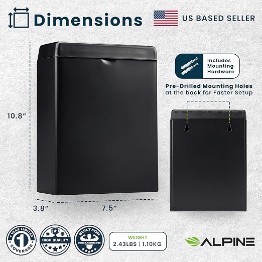 Alpine Sanitary Napkin Receptacle – Wall Mounted Tampon Holder for Bathroom Provides Clean & Odor-Free Restroom for Home, Office & Public Restrooms (Black)