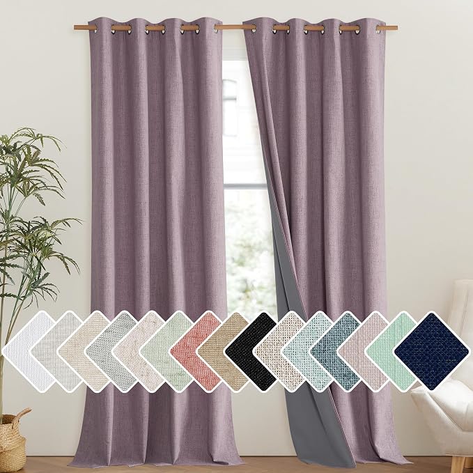 NICETOWN Chaise Mauve Vintage Linen 100% Blackout Curtains for Living Room, Thermal Insulated Curtains 120" Long, Noise Reducing Window Treatment Drapes for Hall Room, 52" Wide Per Panel, Set of 2
