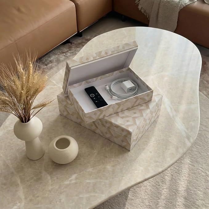Decorative Storage Boxes with Lids - Set of 2 Organizer Bins for Bookshelf | Beautiful Home Decor - Safely Store Photos, Documents and Memory Box Keepsakes on Your Shelves in Style