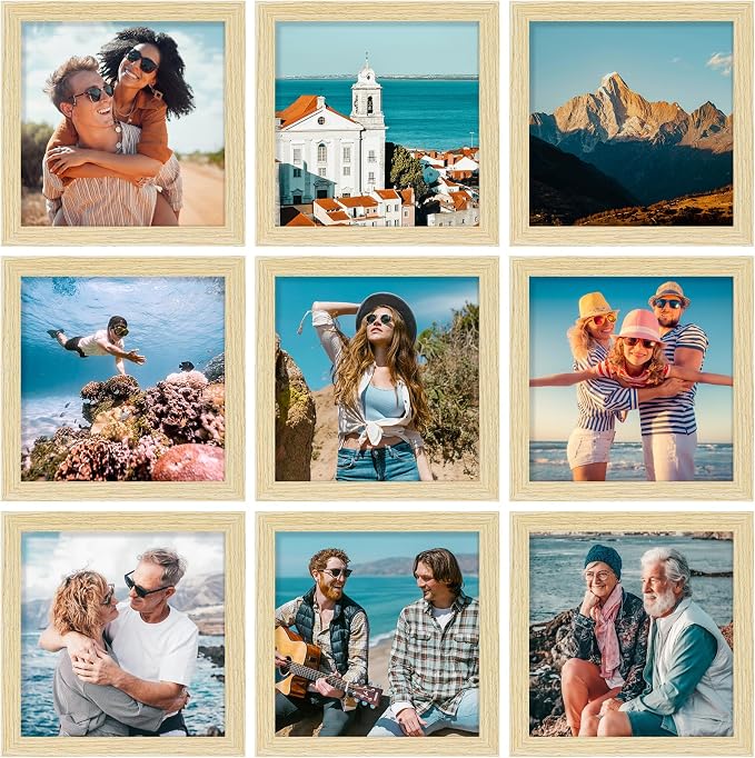 Vittanly 8x8 Picture Frames Set of 9 for Wall or Tabletop Display, OAK | Display Pictures 4x4 with Mat or 8x8 without Mat for Wall Mounting, Square Photo Frames for Home Decor, Engineered Wood