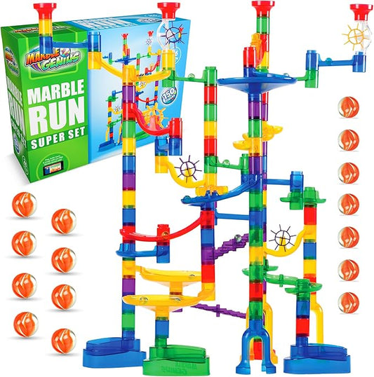 Marble Genius Marble Run - 150 Complete Pieces Maze Track Toys for Adults, Teens, Toddlers & Kids Aged 4-8 Years Old, (85 Translucent Marbulous Pieces + 65 Glass-Marble Set), Super Set