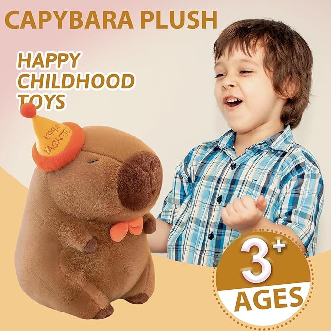 Capybara Plush - 15.7Inch Cute Capybara Stuffed Animal Toy with Birthday Cap- Adorable Soft Capibara Pillow Toy Plushies - Perfect Capybara Present for Girls and Boys