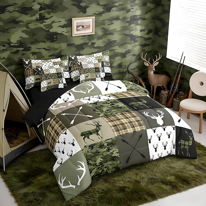 Feelyou Green Hunting Camo Twin Comforter Set with Sheets for Kids Boys Girls Rustic Western Deer 7 Pieces Bedding Set Camouflage Hunter Bed in a Bag Wildlife Animal Room Decor Soft