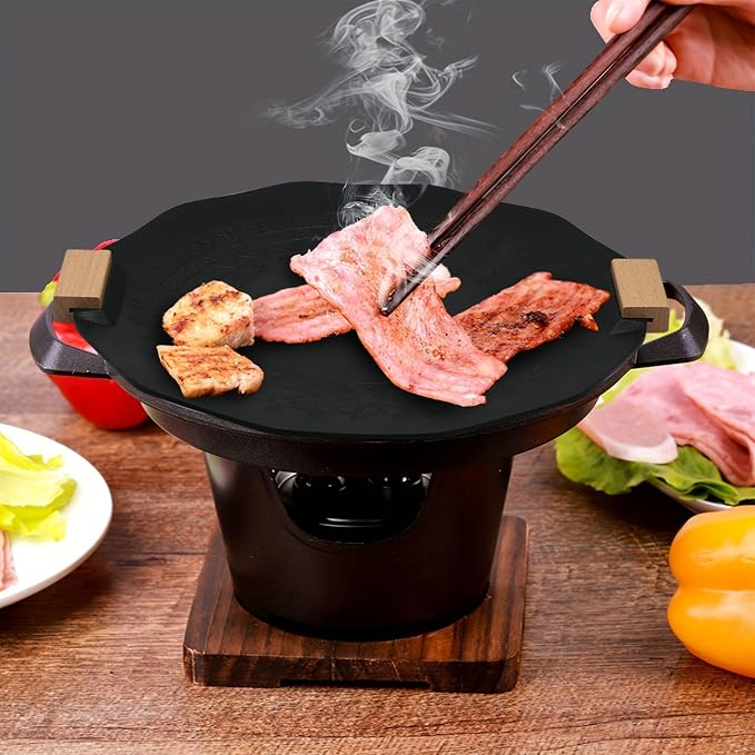 Outdoor Camping Card Stove Barbecue Pan Smokeless and Non Stick Barbecue Pan Electromagnetic Stove Gas Stove Dual Purpose Barbecue Pan (Black)