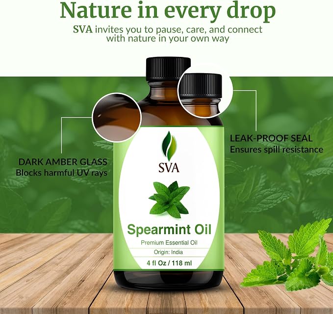 SVA Spearmint Essential Oil 4 Fl Oz – for Diffuser, Skin & Hair Care – Ideal for Massage & DIY Blends - with Dropper