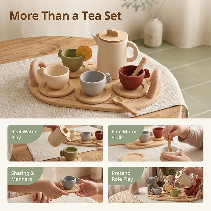 Youuys Wooden Tea Party Set for Toddler 3-5,Kids Tea Sets for Little Girls 4-6, 14pcs Silicone Kitchen Accessories, Pretend Play Montessori Toys with Tray for 3 4 5 6 Year Old Birthday