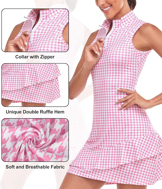 Viracy Tennis Dress for Women Sleeveless Golf Dresses with Shorts and Pockets Ruffle Zip Up Stand Collar Golf Outfits