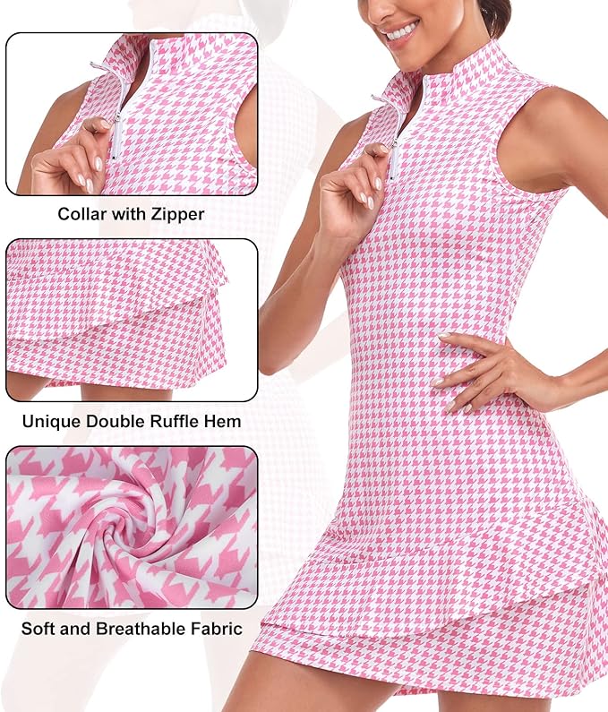 Viracy Tennis Dress for Women Sleeveless Golf Dresses with Shorts and Pockets Ruffle Zip Up Stand Collar Golf Outfits