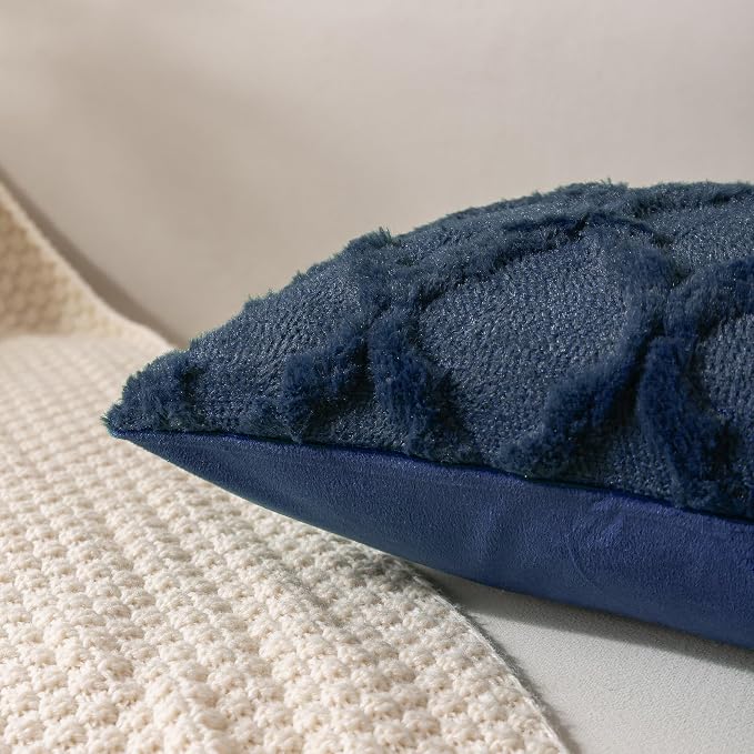 Set of 2 Soft Moroccan Throw Pillow Covers 22x22 Inch Plush Boho Decorative Pillow Cover Accent Cushion Case for Couch Sofa Bed, Navy Blue
