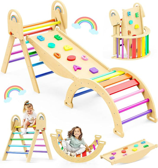 Pikler Triangle Set, 9-in-1 Montessori Climbing Toy for Toddlers, Foldable Wooden Indoor Jungle Gym & Playground Climber for Learning and Motor Skills (18 Months–7 Years)