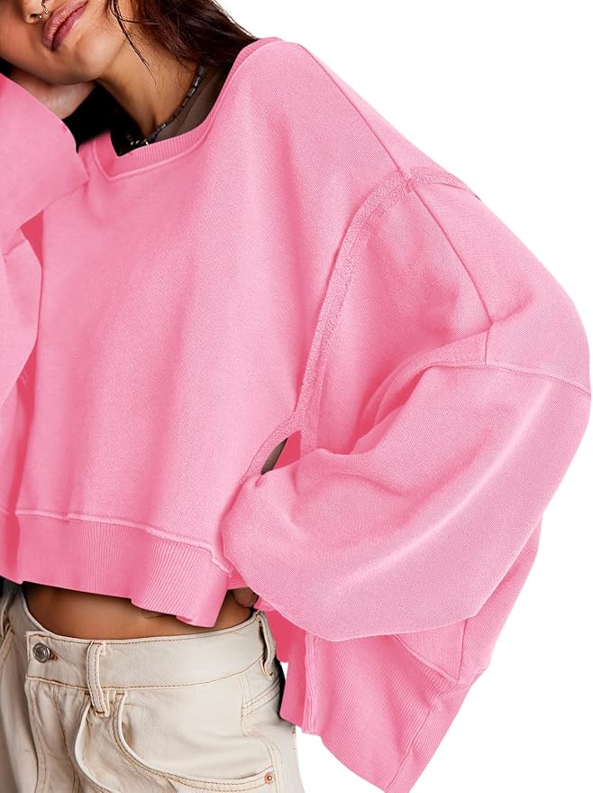 Zwurew Womens Casual Sweatshirt Cropped Shirts | Loose Fit, Tee Top, Pullover, Crop Hem, Design Trim, Daily Tops