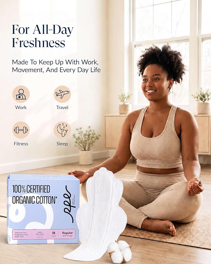 RPE Life 100% GOTS Organic Cotton Period Pads with Wings, Size 3, 18 Count | Ultra thin Size 3 pads with wings; fast absorption, breathable comfort, unscented daily period care for sensitive skin.
