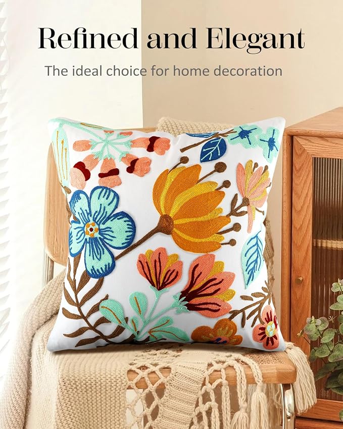 Embroidered Throw Pillow Cover - 18x18 Decorative Pillow Cover with Zipper Aesthetic Cute Design Boho Spring Summer Cozy Throw Pillowcase for Living Room Couch Sofa Bed, Elegant Flowers