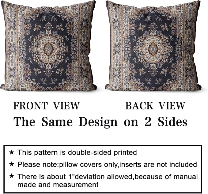 Snycler Boho Throw Pillow Covers 16x16 inch Set of 2 Black Medallion Border Area Rug Double Sided Pattern Cotton Soft Pillow Case Cushion Cover Pillowcase for Couch Sofa Bed Decorative