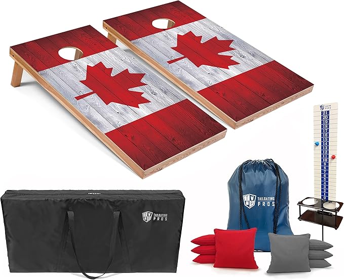 Tailgating Pros 4x2 Regulation Cornhole Boards Flag Set- Includes 8 Bean Bags, Carrying Cases, and Score Keeper - Optional LED Lights