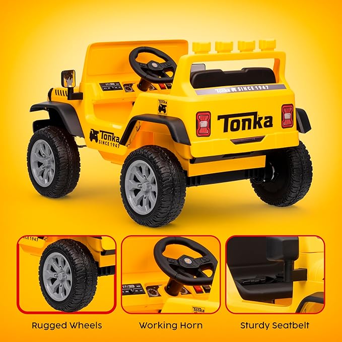 Tonka - 12V Kids Ride On with Rechargeable Battery, LED Headlights, Press-Button Start, Durable Wheels, Forward & Reverse Drive, Contoured Seat