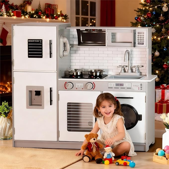 Kitchen Playset, Wooden Toy Kitchen Set with Light, Montessori Pretend Play Toys, Kids Cooking Playset for Girls & Boys Ages 3+