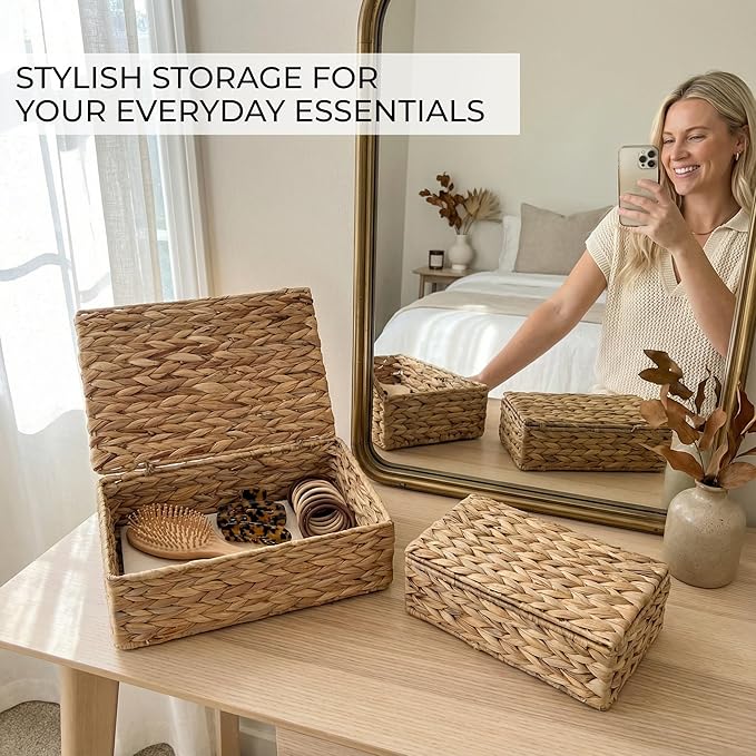 ZICOTO Decorative Storage Boxes with Lids - Set of 2 Wicker Organizer Bins | Beautiful Rattan Design for Shelves and Home Decor - Safely Store Photos, Documents and Memory Box Keepsakes in Style