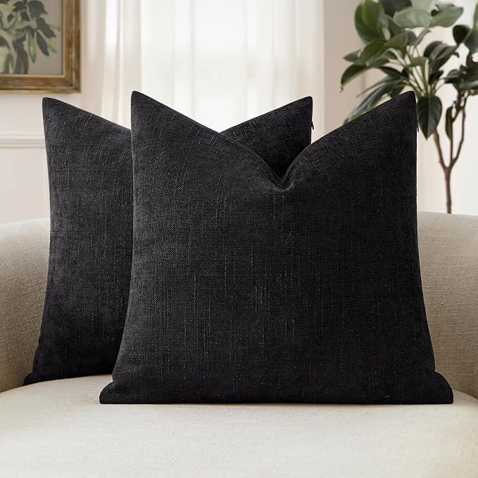 MIULEE Textured Chenille Throw Pillow Covers 22x22 Inch Black | Pack of 2 Decorative Soft Throw Pillows, Solid Textured Cushion Covers, Modern Home Decor for Couch Sofa Bedroom Living Room