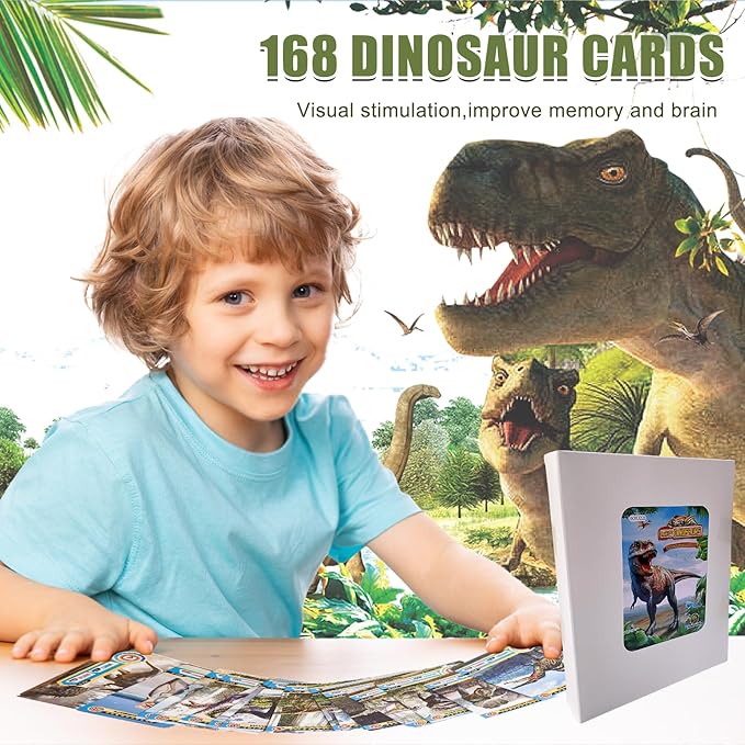 Dinosaur Card Binder 4 Pockets, Dinosaur Flash Cards, 168 Kids Collectible Dinosaur Trading Cards, Prehistoric Animal Educational Learning Toys