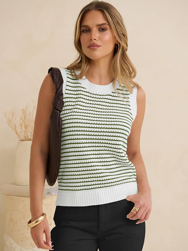 ANRABESS Womens Sleeveless Sweater Vest Striped Tank Tops | Crochet Knit Crew Neck, Lightweight Soft Comfy, Vacation Travel Work Casual Outfits, Sping Summer Layering Clothes