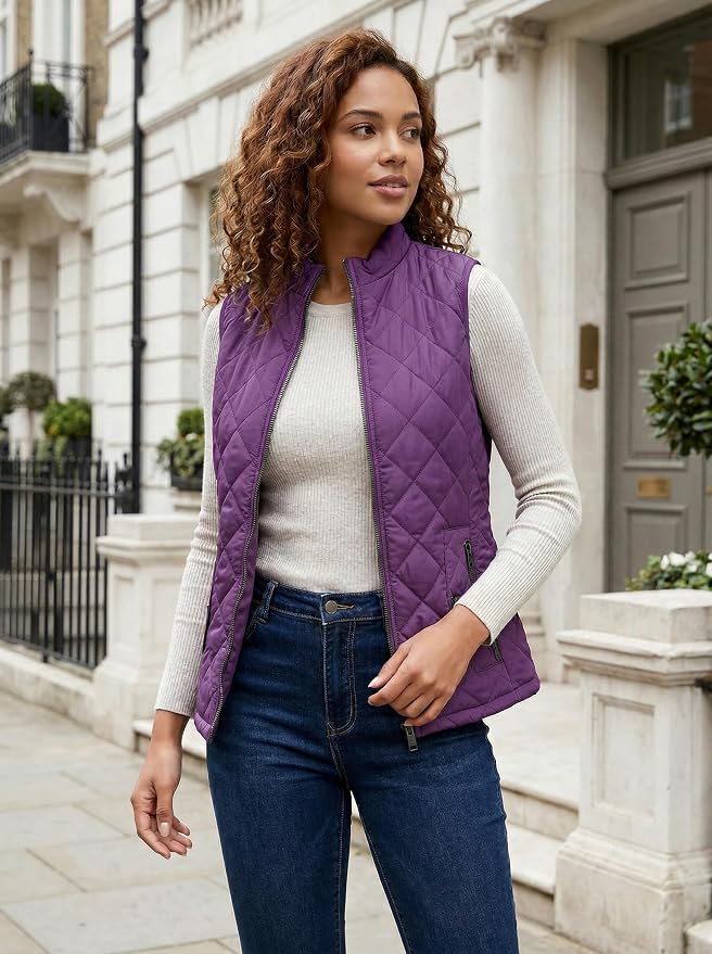 Fuinloth Women's Quilted Vest Lightweight Puffer Stand Collar Zip Gilet | 4 pockets with 2 inner storage. Quilted padded warm gilet. Fall winter outerwear layering vest for travel hiking daily wear.