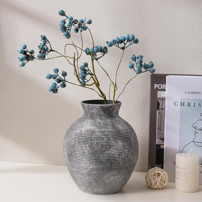 Ceramic Flower Vase Home Decor, 7.4 in Farmhouse Table Vases Retro Vintage Living Room Kitchen Bedroom Decoration Pottery Decorative Vases for Flowers House Shelf Office Desk Dining Entryway, Grey