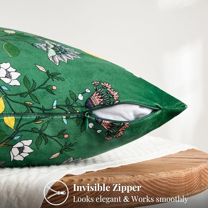MUSSEL Green Velvet Floral Decorative 16x16 Pillow Covers Set of 2 | Soft Durable and Sturdy,Bird Plant,Throw Pillows Case,Square,Colorful Country Cushion Covers,Home Sofa Bed Couch Decor