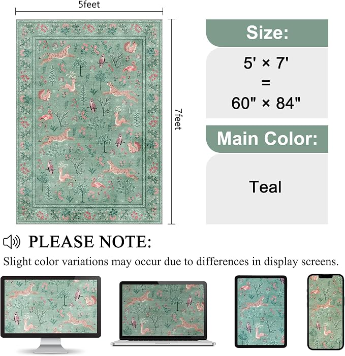 DUKINO 5x7 Area Rugs, Washable Animal Rug for Living Room Non Slip, Teal | Low Pile, Soft Indoor Carpet for Bedroom, Kids Room, Dining Room, Pet Friendly, Farmhouse, Stain Resistant, Non-Shedding
