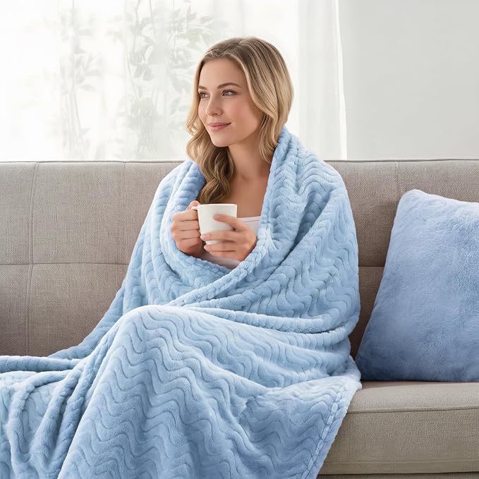 Exclusivo Mezcla Soft Fleece Blanket Queen Size for Bed, Sofa, Light Blue | 90"x90" Breathable Lightweight Flannel Blanket for Summer, Plush Cozy Jacquard Wave for Home Decor