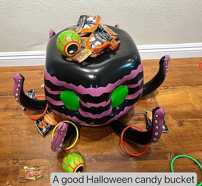 GIFTEXPRESS Halloween Ring Toss Game and Decor 4-in-1 – Trunk of Treat Inflatable Octopus Sea Creature Candy Bowl, Cooler, Basketball Hoop & Pool Toy, Indoor/Outdoor Party Game for Kids & Adults