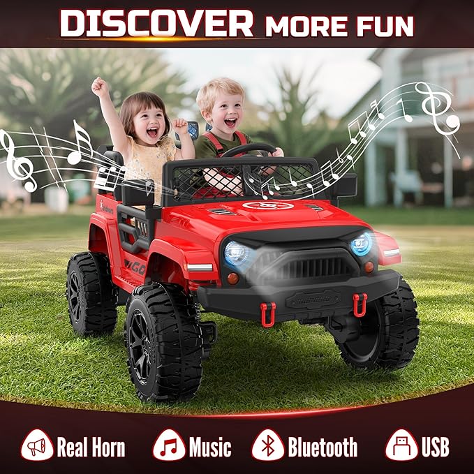 ARBELI 2 Seater Ride On Car for Kids, EVA Tires, 24V 4WD Electric Car w/Remote Control, Bluetooth, LED Lights, Ride On Truck for Boys and Girls Aged 3-8, Red