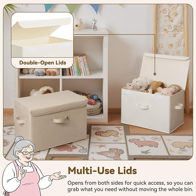 GRANNY SAYS Memory Keepsake Storage Box, Fabric Storage Bins with Lids | Flip-Top Lid, Collapsible, Stackable, 3 Handles, Ideal for Closet Clothes Blanket Toy, Extra Large, Ivory White&Khaki, 2-Pack