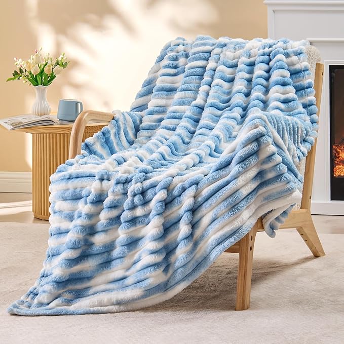 BEDELITE Ribbed Twin Blanket for Couch & Bed, Blue&White, 60"x80" | Ultra-Soft Plush Fleece, Cozy, Warm Yet Lightweight, Ribbed Texture, Home Decor, Machine Washable, Giftable, All-Season Use