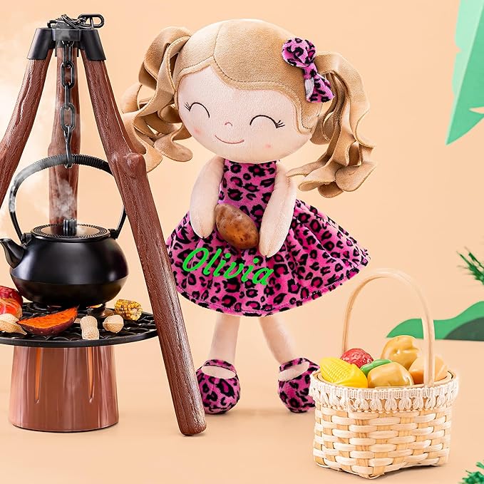 Gloveleya Personalized Baby Doll – Custom Name Plush Rag Doll 12” | Pink Leopard Dress | Birthday, Christmas for Girls & Toddlers