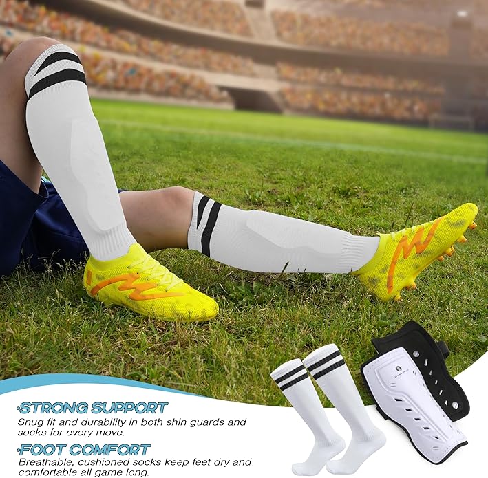 brooman Kids Firm Ground Soccer Cleats Boys Girls Football Shoes with Shin Guards and Soccer Socks