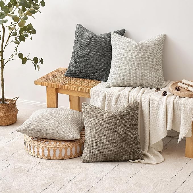 MIULEE Soft Decorative Chenille Euro Pillow Covers Neutral 26x26 Pack of 4 | Mid Century Modern Decor, Cream to Charcoal Set, Couch Throw Pillows, Farmhouse Boho Cushion Covers for Sofa Bed Living Room
