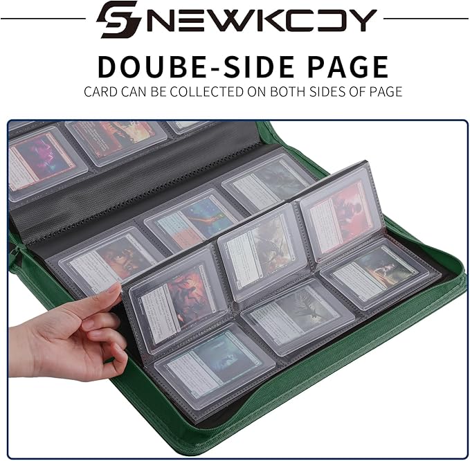 Snekdy Top loader Binder, 9 Pockets Top Loader，Holds 360 Top Loaders cards, Card binder with Sleeves for card in 3 x 4 inch color smooth Zipper PU Leather (Green)