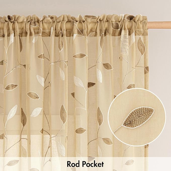MIULEE Khaki Sheer Curtains 2 Panels Embroidered Leaf Patterned Rod Pocket Floral Semi Sheer Faux Linen Window Curtains Drapes Set for Living Room Bedroom Dining Room, 52x84 Inches Long