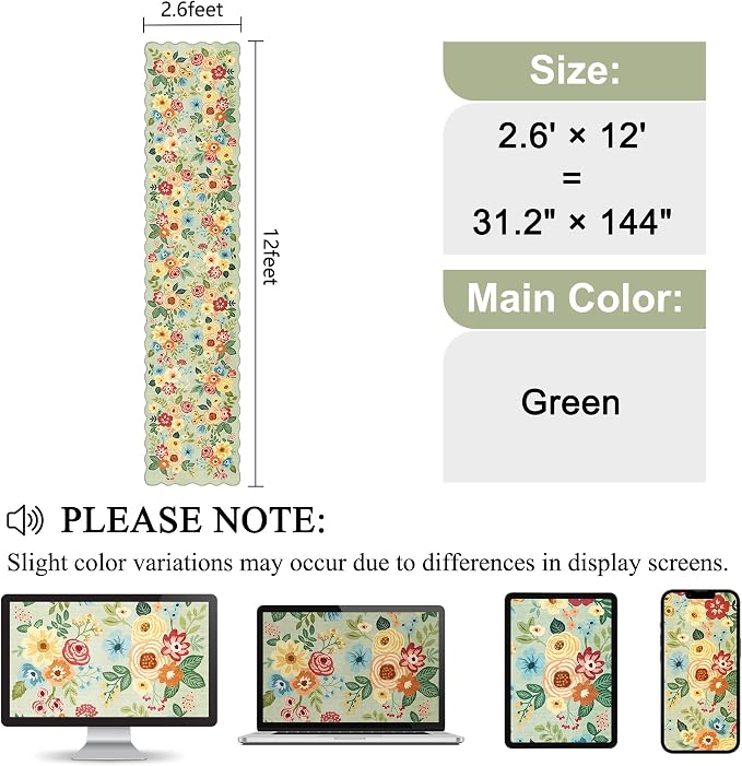 DUKINO 2.6x12 Washable Runner Rug, Floral Non Slip Long Kitchen Rug, Green | Low Pile, Stain Resistant, Soft Throw Rugs Runner for Hallway, Entryway, Bedroom, Bathroom, Modern Home Decor, Non-Shedding