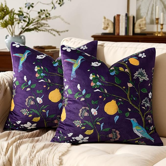 MUSSEL Purple Floral Vintage Decorative Pillow Covers 18x18 Set of 2 | Soft Velvet,Wild Flower Plant,Throw Pillows Case,Square,Colorful Farmhouse Cushion Covers,Home Sofa Bed Couch Decor