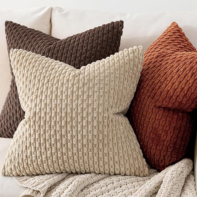 MIULEE Decorative Throw Pillow Covers 18x18 Dark Brown Textured Corduroy | Pack of 2 Striped Pillow Covers Modern Farmhouse Fall Home Decor for Couch Bed Sofa Living Room